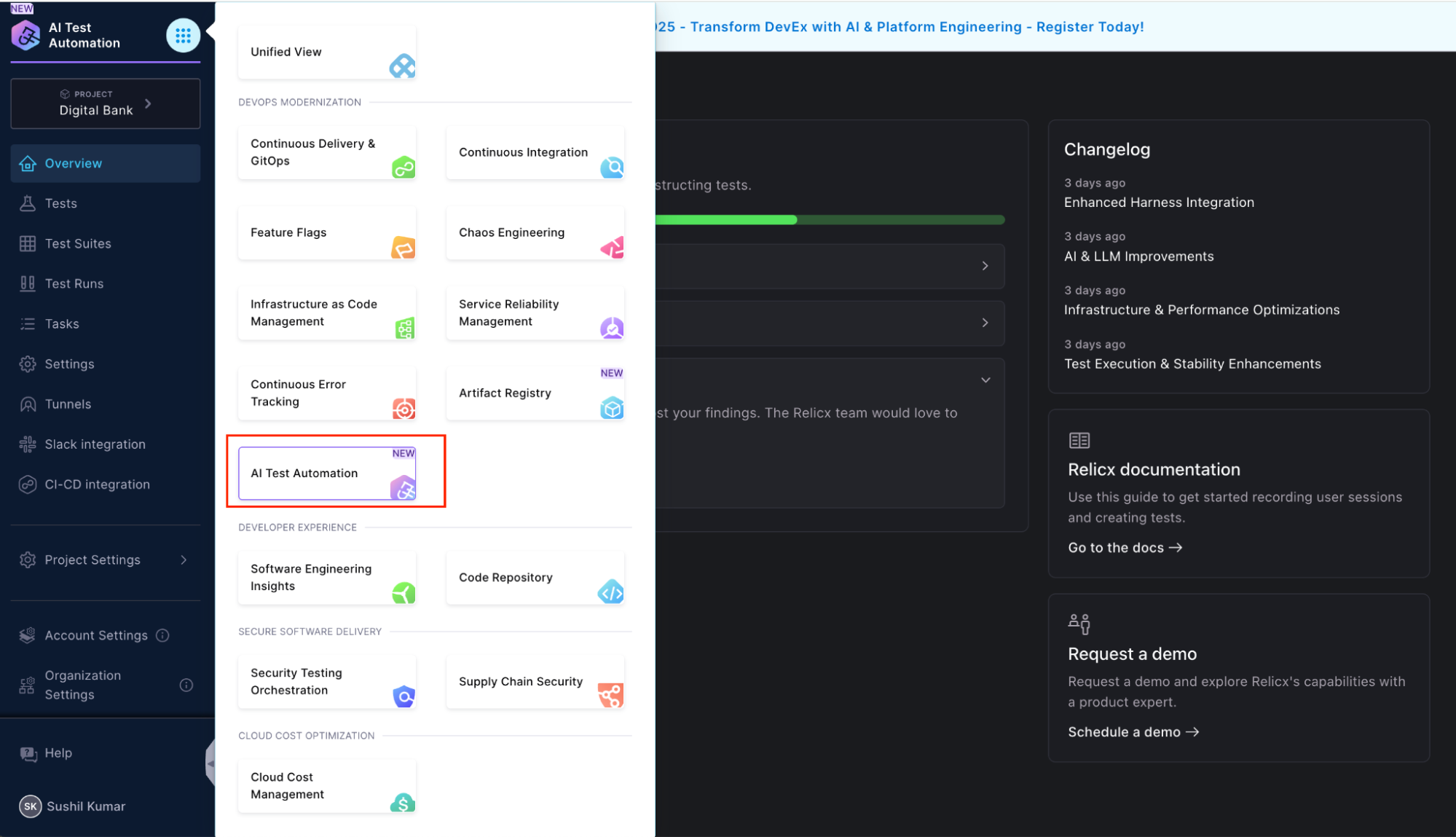 AI Test Automation menu